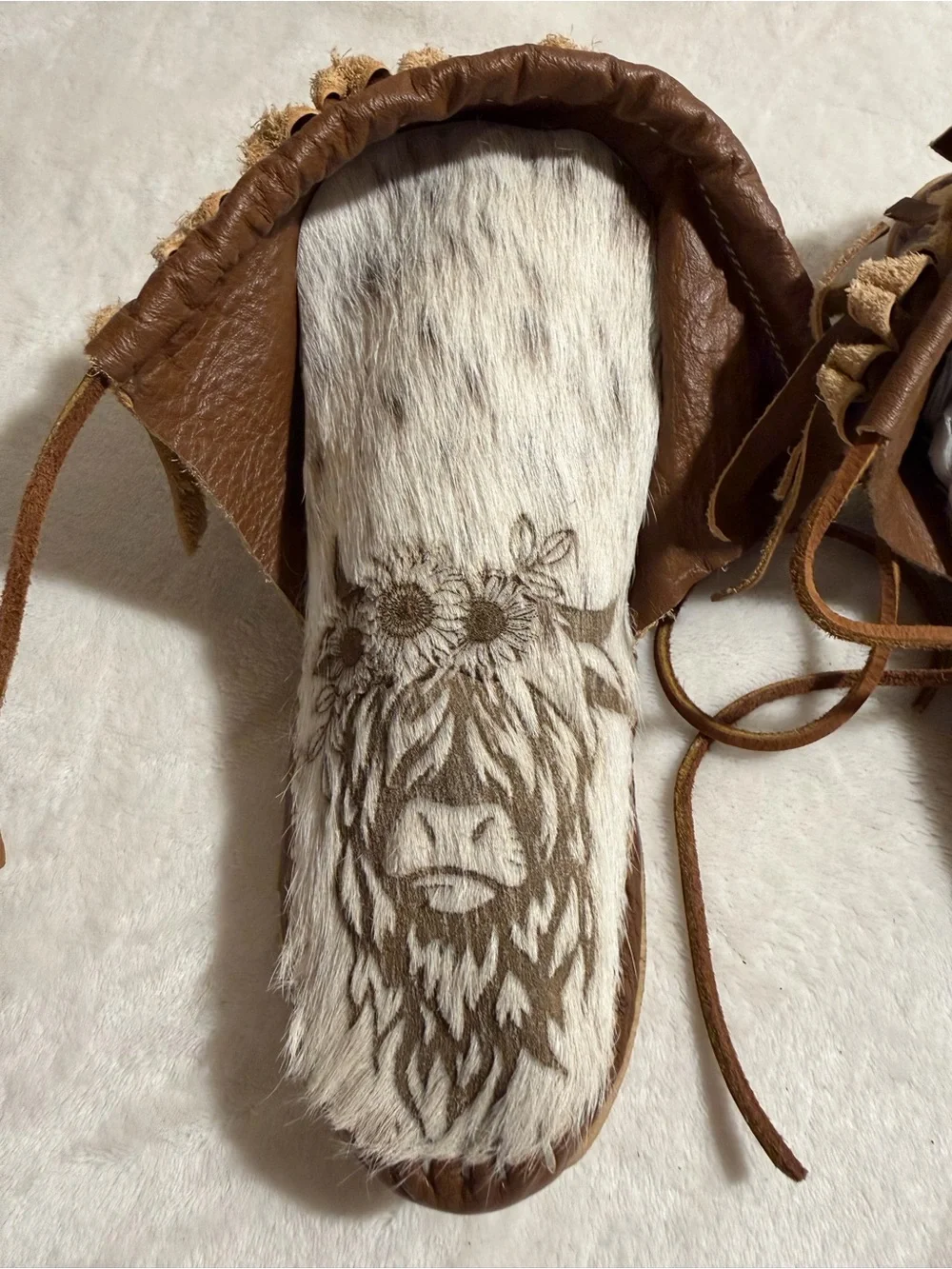 Brown Faux Fur Moccasin Boots with Highland Cow Design